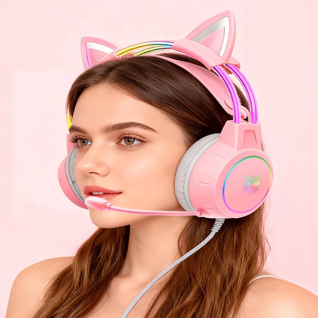 Gaming headset with removable cat ears cute style alternative