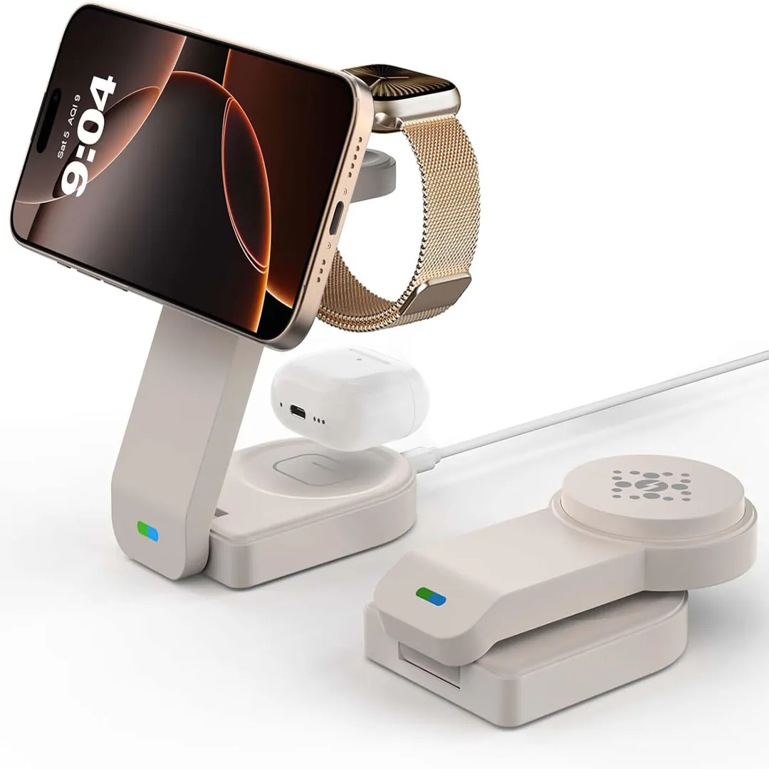 Magnetic foldable wireless charger for Apple beige 3 in 1 station