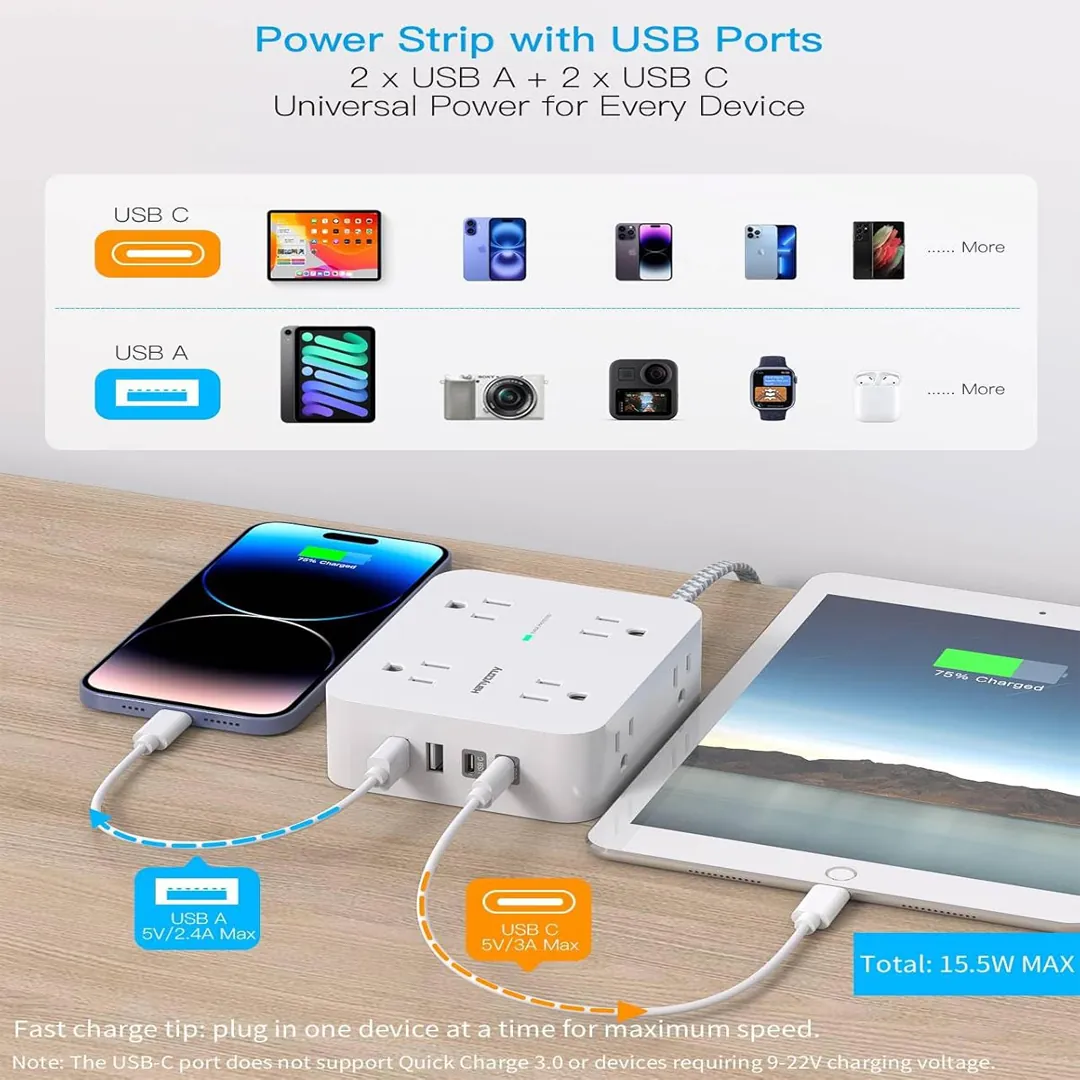Compact power bar surge protector with 8 outlets and USB C charging ports