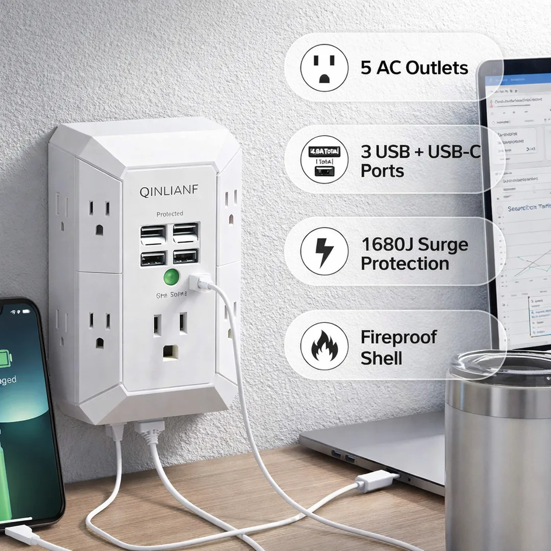 QINLIANF outlet extender with USB ports in a clean modern lifestyle setup
