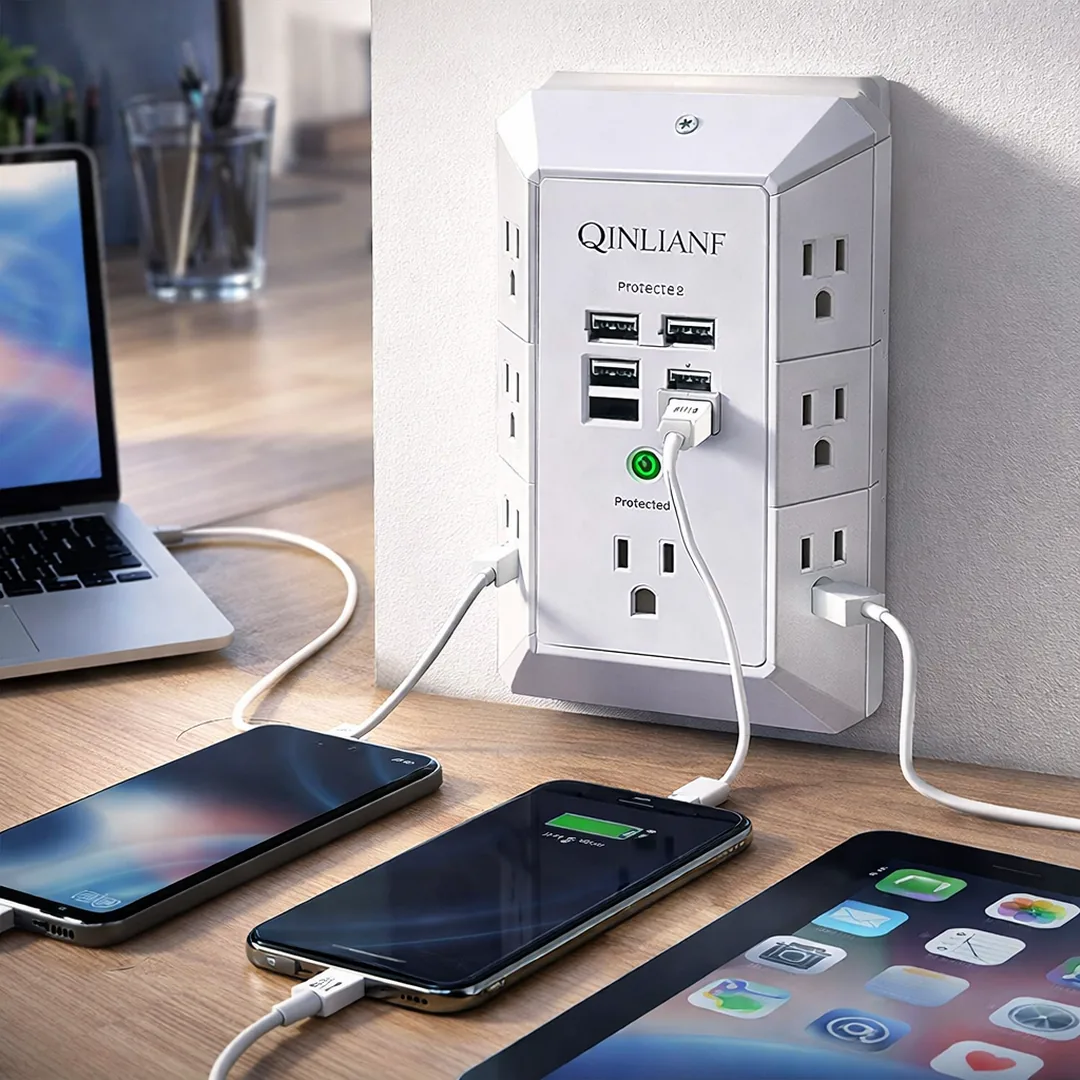 QINLIANF surge protector wall outlet extender in a modern desk setup