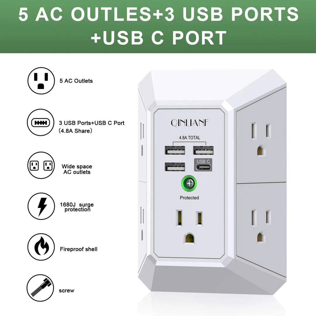 QINLIANF wall charger surge protector outlet extender with USB ports