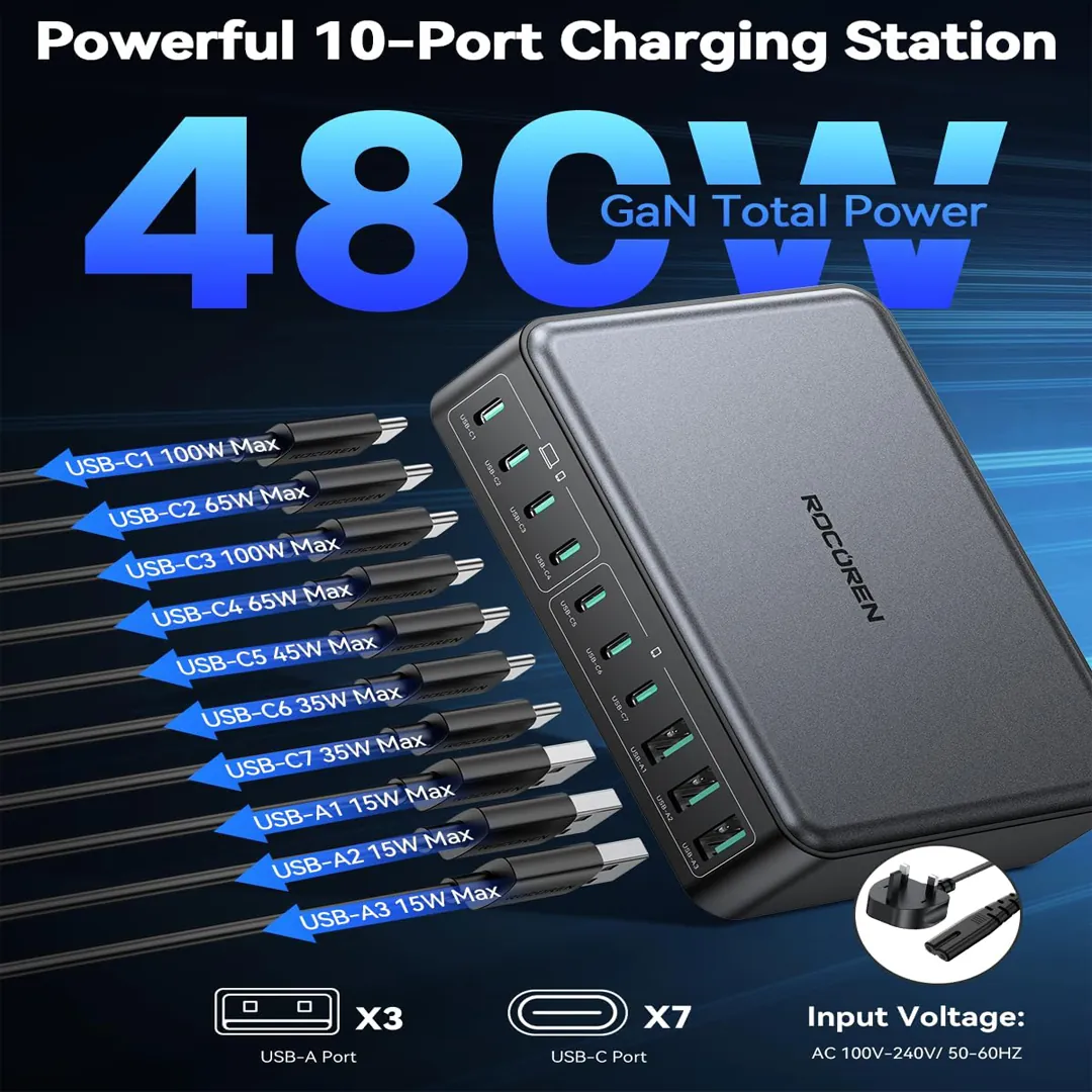 Rocoren 480W 10-port GaN charging station product card