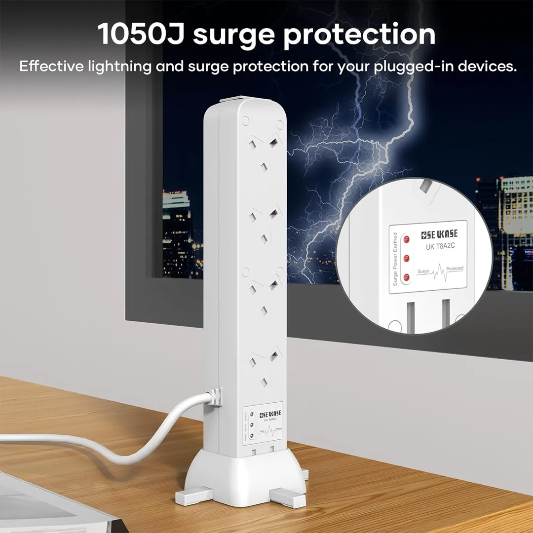SE UKASE 8 way tower extension lead with USB ports and surge protection on a modern desk setup