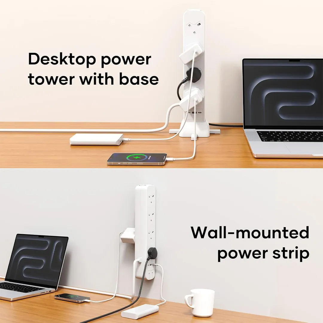 SE UKASE 8 way tower extension lead showing sockets USB charging and compact design