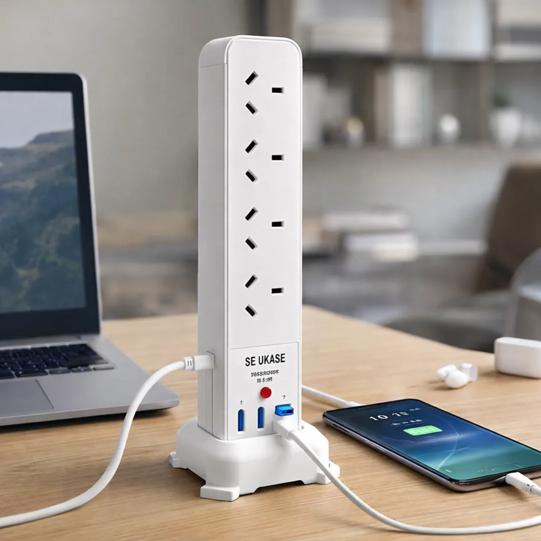 SE UKASE tower extension lead beside laptop monitor and accessories on a home office desk