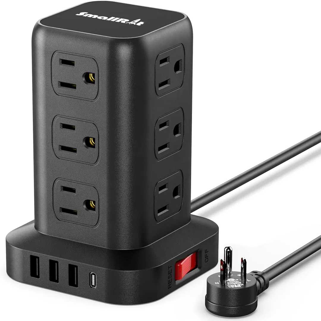 Tower power bar with surge protector and USB C for desk charging