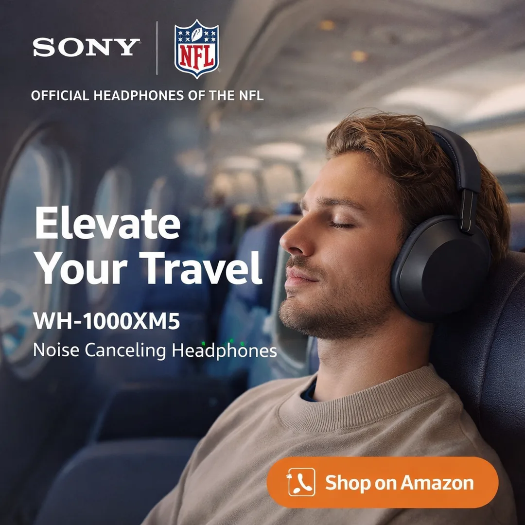 Sony WH-1000XM5 noise canceling headphones lifestyle travel image