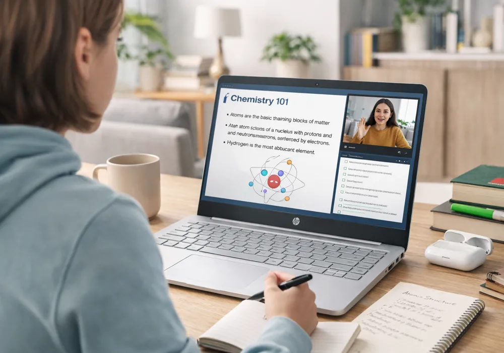 Student using HP laptop for online study and notes