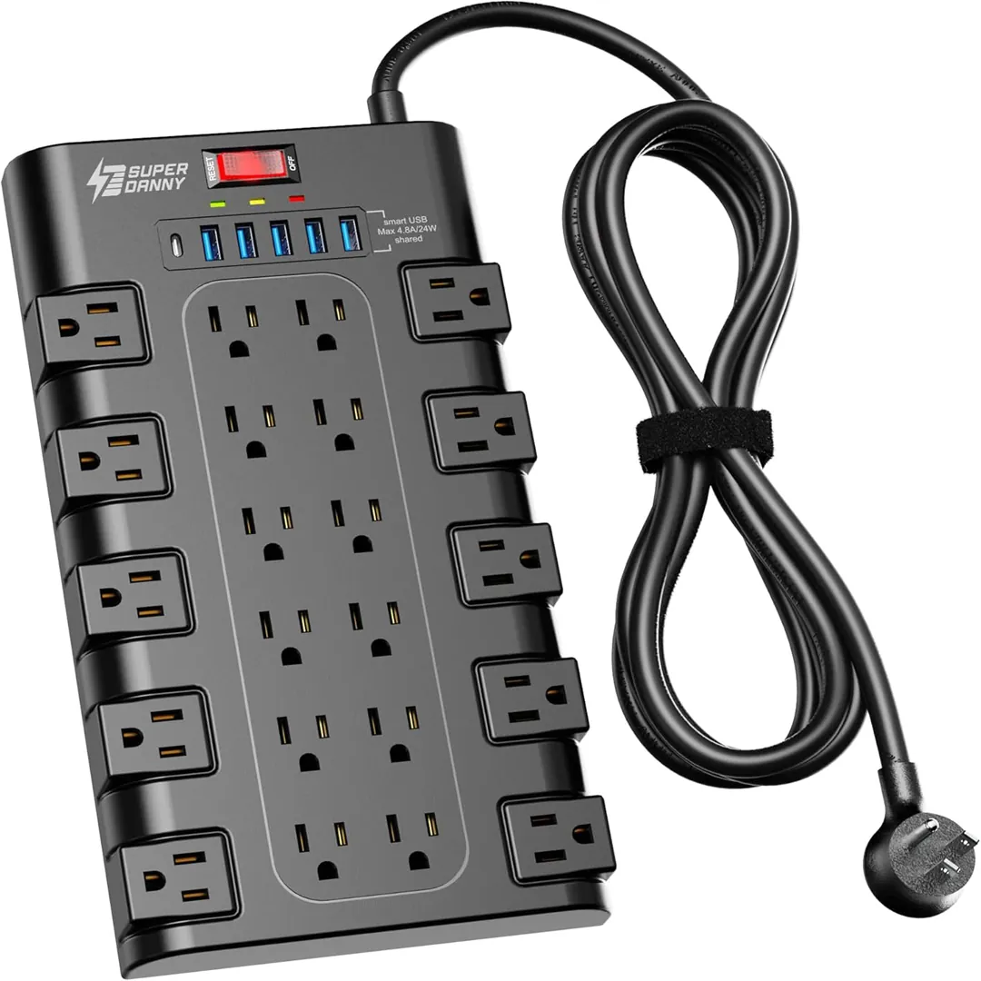 SUPERDANNY surge protector power bar with multiple outlets and USB charging ports