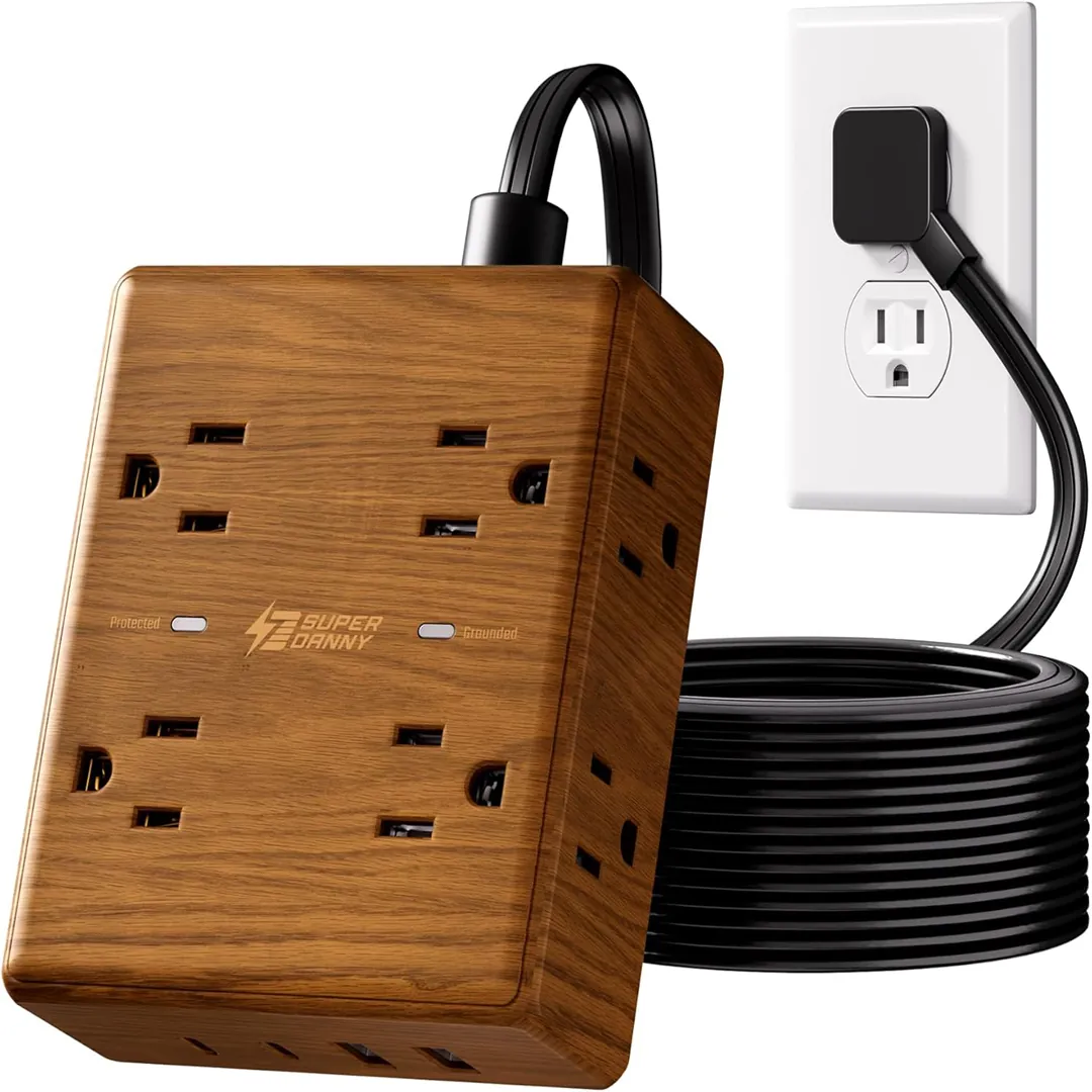 Brown decorative extension cord power bar with surge protection and USB ports
