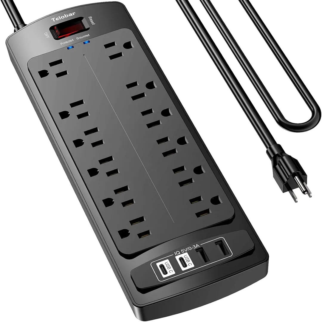 Teiobar power strip with USB ports and surge protection