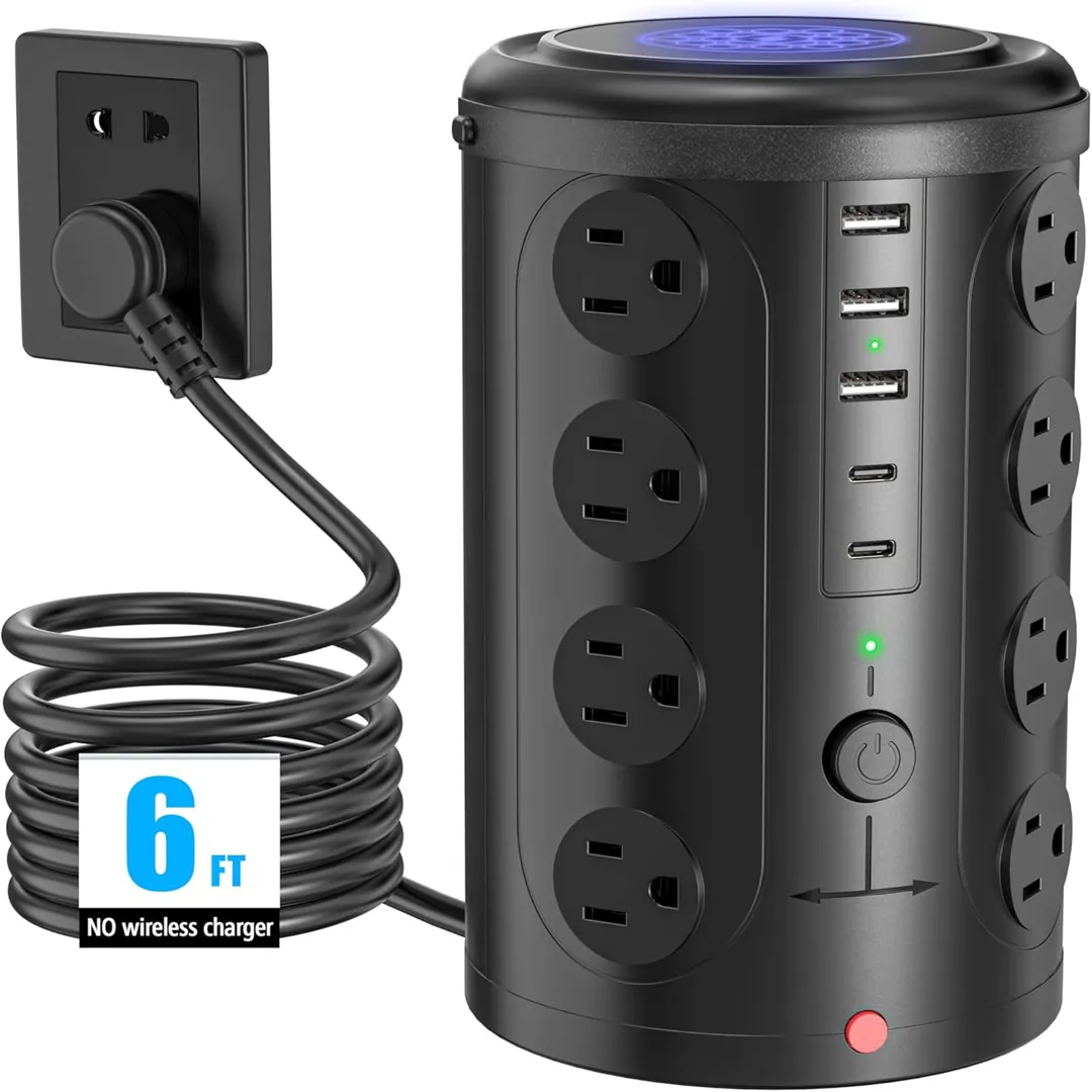 Tower power strip surge protector with USB charging station