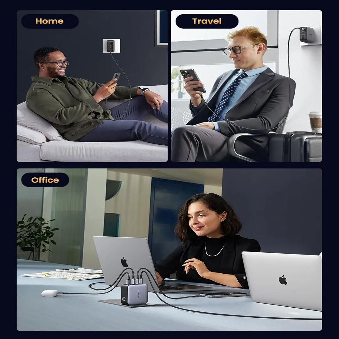 UGREEN Nexode 100W charger powering a laptop phone tablet and earbuds