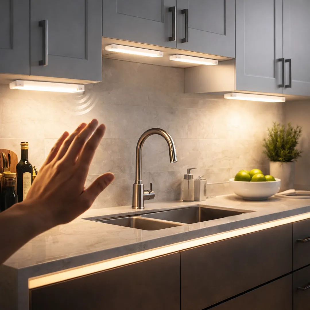 Wireless magnetic under cabinet lights in a modern kitchen cupboard using motion sensor activation